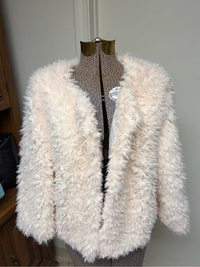 Tacera Ivory Faux Fur Open Front Jacket Coat Women’s XL Soft Plush